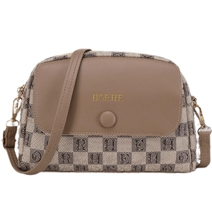 Vintage patterned shell cross body bag with brown flap and adjustable gold strap hardware