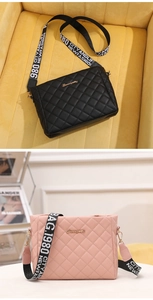 Close-up of quilted crossbody bags in black and pink with stylish wide straps