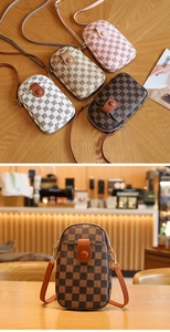 Detailed view of mini PU leather crossbody bags in four colors with luxury print