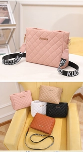 Detail of quilted cross-body bags in five colors with wide graphic fabric straps