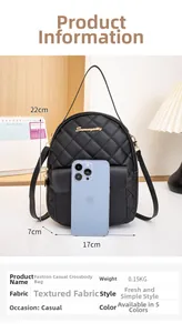 Detail of black quilted mini backpack with dimensions 22x17x7cm and phone size comparison
