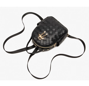 Detail of black woven leather mini backpack with gold butterfly buckle and pearl chain