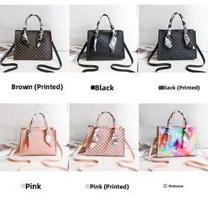 Detailed grid view showcasing various patterns and colors of women's tote bags with scarves