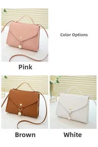 Detail showing woven textured crossbody bags in pink, brown, and white with pearl charms