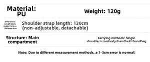 Size chart showing PU leather bag dimensions, weight, and strap length detail