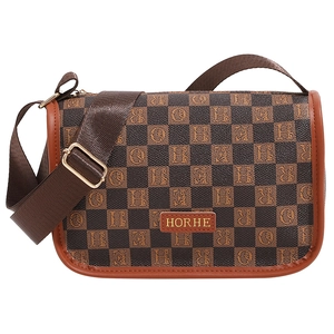 Bolso de hombro vintage con diseño de cuadros marrones y correa ancha de nailon