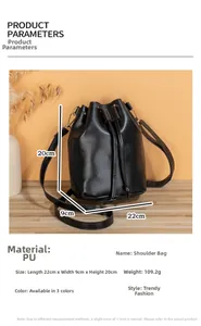 Detailed dimensions of the black drawstring bucket bag with size and material specifications