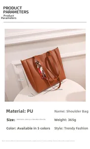 Detailed view of brown PU leather tote bag size 28x10x28cm with printed silk scarf handle