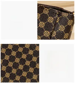 Dettaglio delle cuciture su pelle marrone monogram e motivo stampato a trifoglio