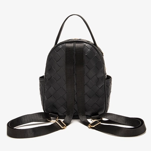 Minimalist black woven pattern backpack for women with adjustable straps and gold buckles