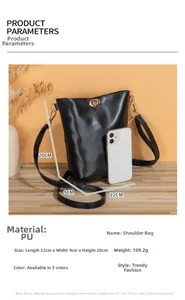 Paramètres de taille détaillés du sac seau noir en PU avec fermoir rotatif doré