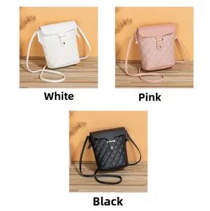 Three quilted crossbody bags in white, pink, and black colors with gold hardware