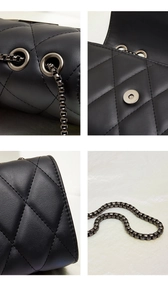 Detailed views of black quilted shoulder bag featuring dark gunmetal chain and magnetic buckle