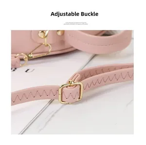 Close-up of pink leather handbag showing adjustable gold buckle and braided strap detail