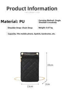 Detailed dimensions of black quilted PU phone bag with gold chain strap and zip pocket
