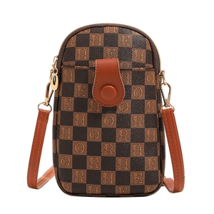 Vintage checkered mini crossbody phone bag with brown letter print and gold hardware