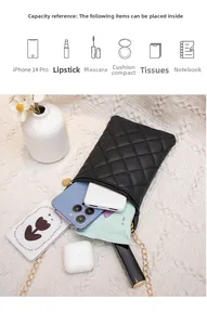 Detail view of black quilted mini bag showing capacity for phone and accessories