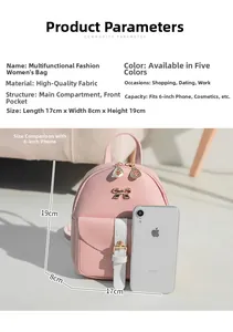 Pink mini leather backpack detail showing dimensions 17x8x19cm and golden bow ornament