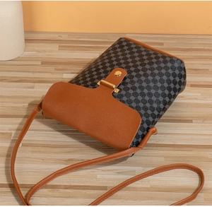 Close-up of contrast crossbody phone bag with lattice pattern and gold metal buckle