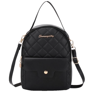 Black mini PU leather backpack with quilted diamond pattern and gold metal hardware