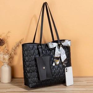 Black quilted tote bag with heart embroidery, small pouch and decorative silk scarf