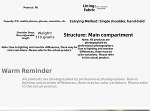 Detailed specifications chart of PU leather shoulder bag showing weight and capacity info