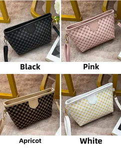 Collage of four small handbags in black, pink, beige, and white with geometric prints