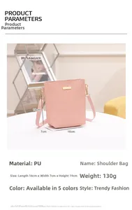 Detail view of pink woven texture PU bucket bag with golden metal tag and size specs