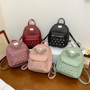 Women Fashion Mini Backpack Rivet PU Leather Small Casual Shoulder Bag Solid Color Travel Mobile Phone Bag Purse