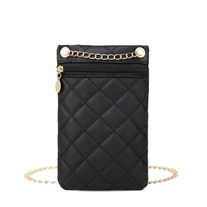 Quilted black phone crossbody bag with golden chain strap and rhombus stitching