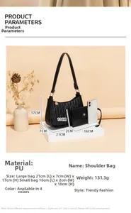 Detail view of black pleated PU shoulder bag set with precise dimensions and texture