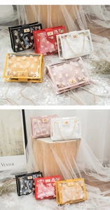 Detail of transparent PVC daisy crossbody bag with gold chain and metal twist lock closure