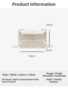 Dimensions du sac bandoulière transparent avec chaîne dorée et pochette intérieure beige