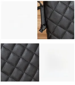 Detail shot of black quilted faux leather with precise stitching and glossy texture