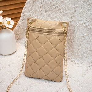 Khaki gesteppte Handy-Umhängetasche mit goldener Kette aus elegantem Kunstleder