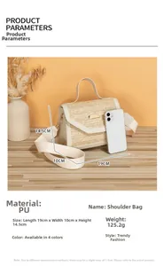 Détail du sac bandoulière en paille et cuir blanc avec dimensions 19x10x14,5cm et échelle