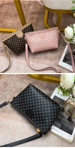 Detailed view of color-block textured crossbody bags in pink, brown, and black colors