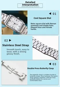 Macro view of square quartz watch dial with Roman numerals and steel butterfly clasp