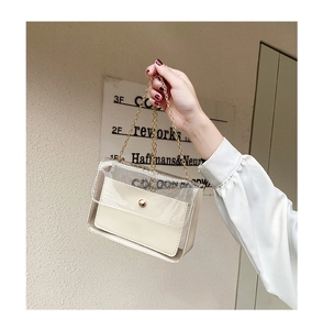 Détail du sac à bandoulière en PVC transparent avec pochette intérieure en cuir blanc
