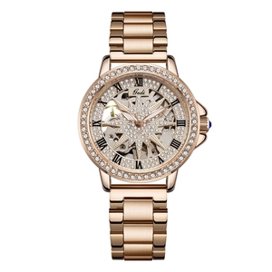 Gedi rose gold hollow starry skeleton watch with roman numerals and crystal bezel
