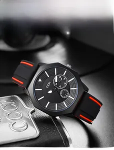 Close-up of GEDI octagonal quartz watch with black textured dial and silicone strap