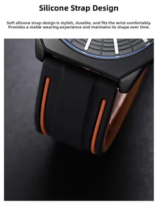Close-up of black and orange silicone watch strap with durable matte finish casing