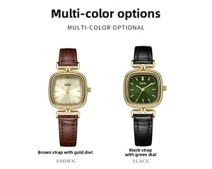 Detail view of retro square quartz watches with embossed leather straps in brown and black