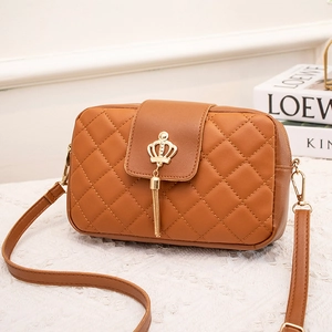 Women Quilted Crossbody Bag PU Leather Rhomboid Pattern Golden Crown Tassel Small Square Shoulder Bag Trendy Fashion