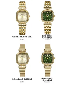 Detailed views of vintage square gold watches with green and gold dials on metal bands