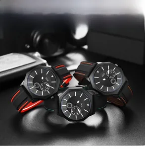 Three multi-functional octagon business quartz watches with colorful rubber strap details