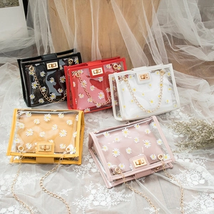 Women Transparent Crossbody Bag Daisy Print PVC Clear Chain Shoulder Bag Turn Lock Floral Messenger Bag Fashion Chic