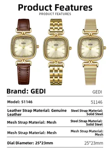 Vintage square ladies watch with leather, mesh, and steel strap options in gold