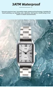 Detail of silver square quartz watch showing 3ATM water resistance in splashing water