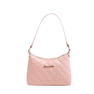 Pink quilted shoulder bag with gold metal logo and minimalist faux leather finish